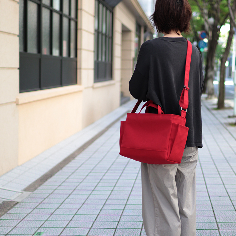 コンテナショルダー2WAY　containershoulder　北欧生地×富士金梅 8号帆布　レッド　オリジナル　ハンドメイド帆布ショルダーバッグ　ハネアント神戸