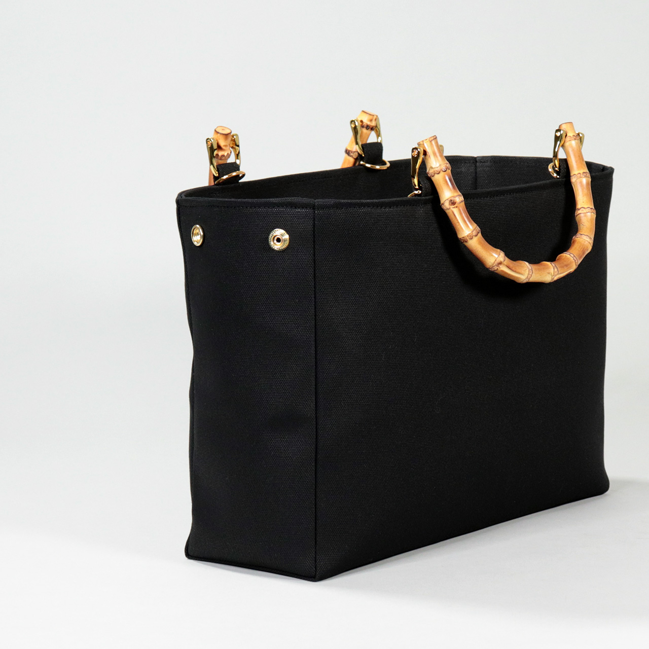 すっきりスマートなバンブーハンドル 2wayショルダー 北欧生地×富士金梅×ブラック 帆布バッグ【スクエアトート】