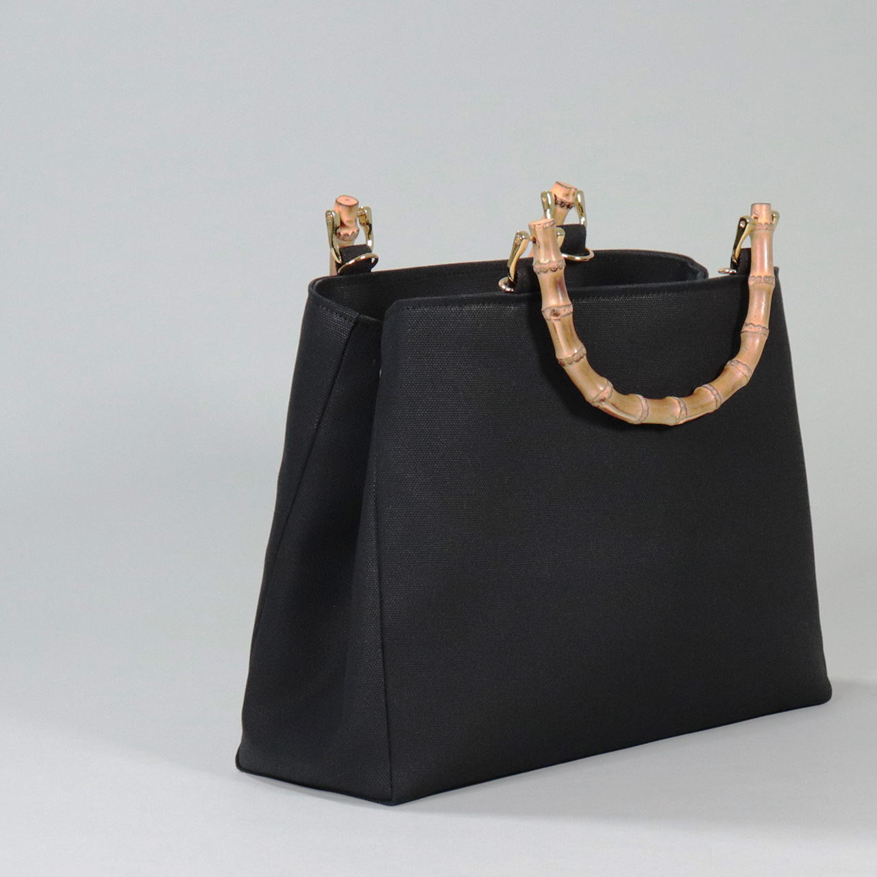 すっきりスマートなバンブーハンドル 2wayショルダー 北欧生地×富士金梅×ブラック 帆布バッグ【スクエアトート】