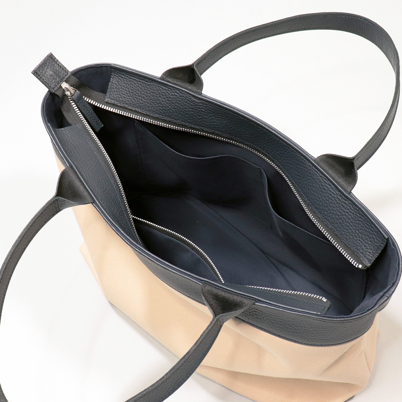 サシャ　SASYA　国産本革　姫路レザー　クロムなめし　富士金梅8号帆布　ベージュ　ネイビー　オリジナル　ハンドメイド本革　牛革トートバッグ　ハネアント神戸