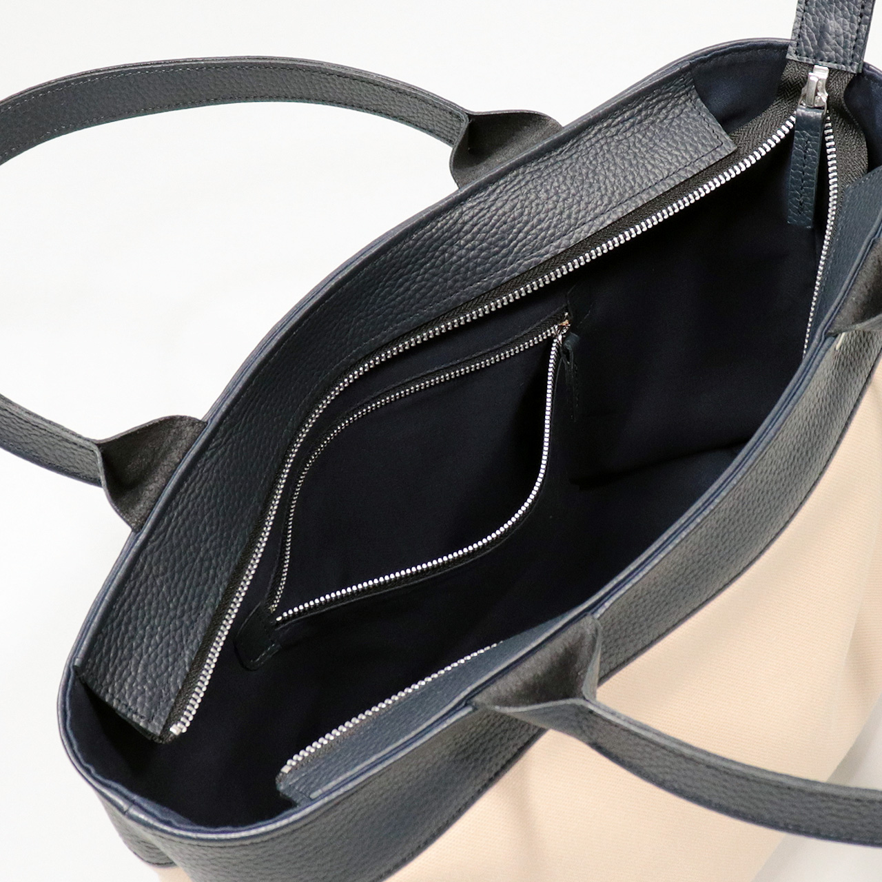 サシャ　SASYA　国産本革　姫路レザー　クロムなめし　富士金梅8号帆布　ベージュ　ネイビー　オリジナル　ハンドメイド本革　牛革トートバッグ　ハネアント神戸