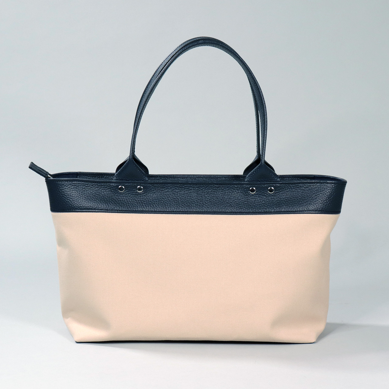 サシャ　SASYA　国産本革　姫路レザー　クロムなめし　富士金梅8号帆布　ベージュ　ネイビー　オリジナル　ハンドメイド本革　牛革トートバッグ　ハネアント神戸