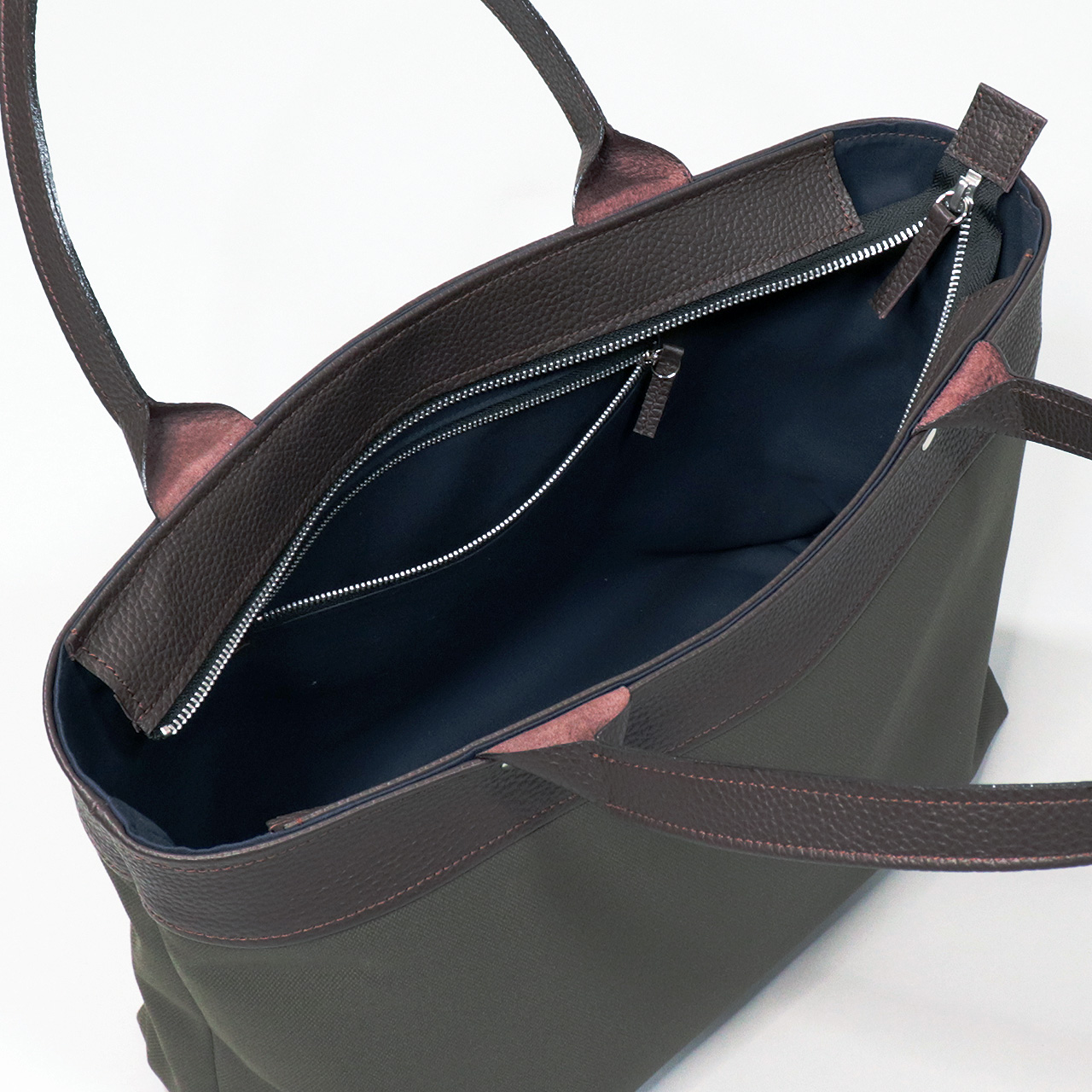 サシャ　SASYA　国産本革　姫路レザー　クロムなめし　富士金梅8号帆布　ブラウン　カーキ　オリジナル　ハンドメイド本革　牛革トートバッグ　ハネアント神戸