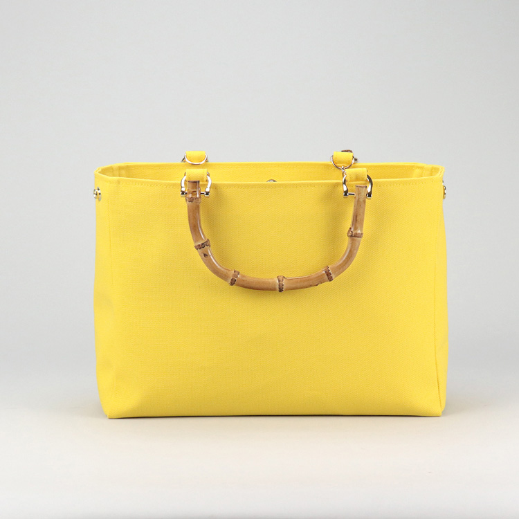 すっきりスマートなバンブーハンドル 2wayショルダー 北欧生地×富士金梅×イエロー 帆布バッグ【スクエアトート】
