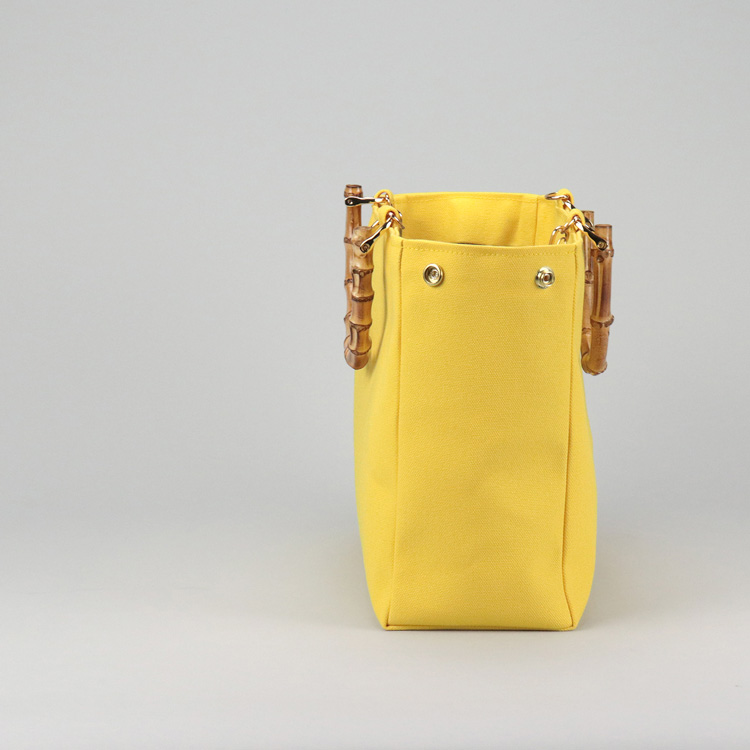 すっきりスマートなバンブーハンドル 2wayショルダー 北欧生地×富士金梅×イエロー 帆布バッグ【スクエアトート】