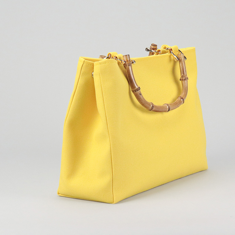 すっきりスマートなバンブーハンドル 2wayショルダー 北欧生地×富士金梅×イエロー 帆布バッグ【スクエアトート】