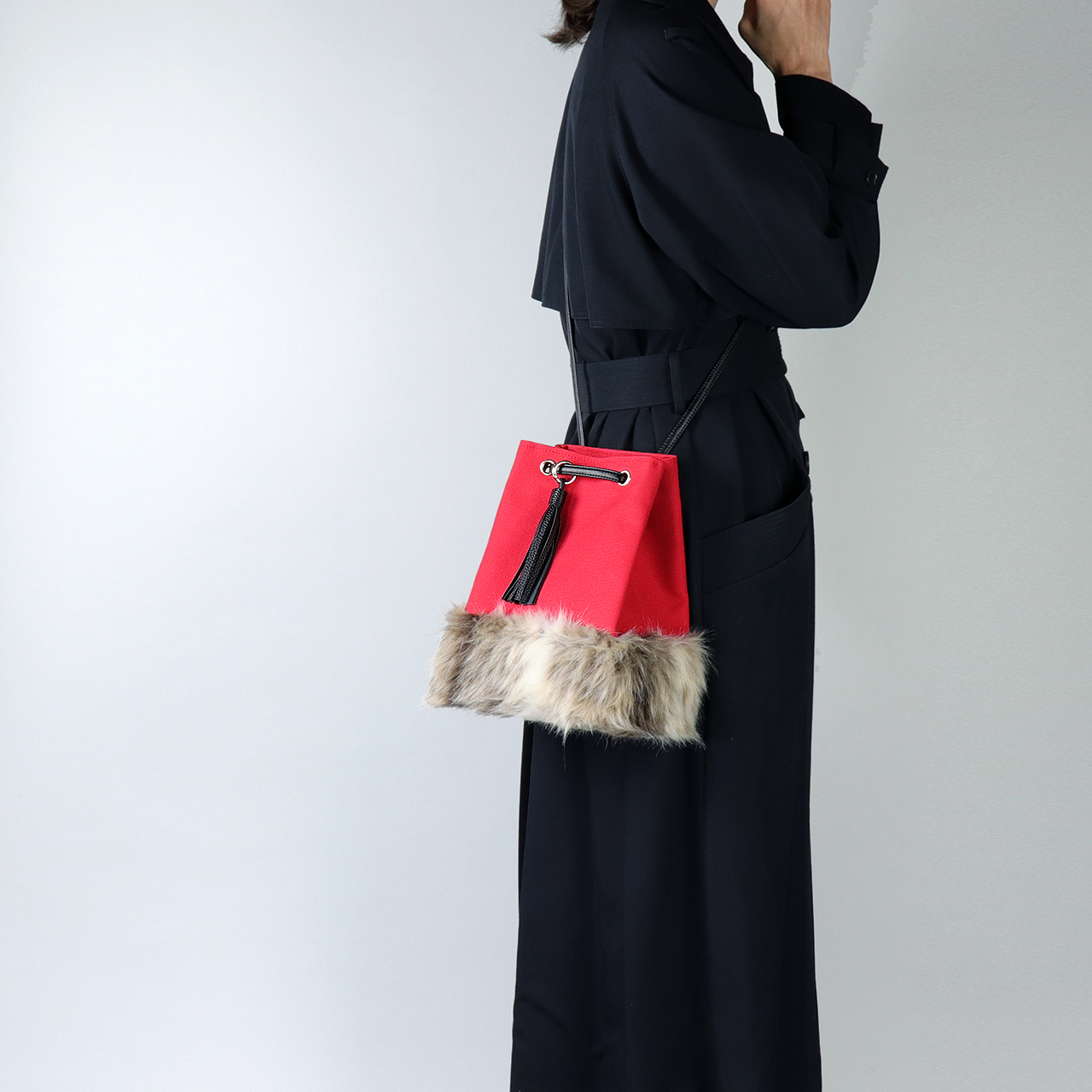 2wayランプリース　Lamplease　エコファー×北欧生地　レッド　オリジナル　ハンドメイド2wayエコファーショルダーバッグ　ハネアント神戸