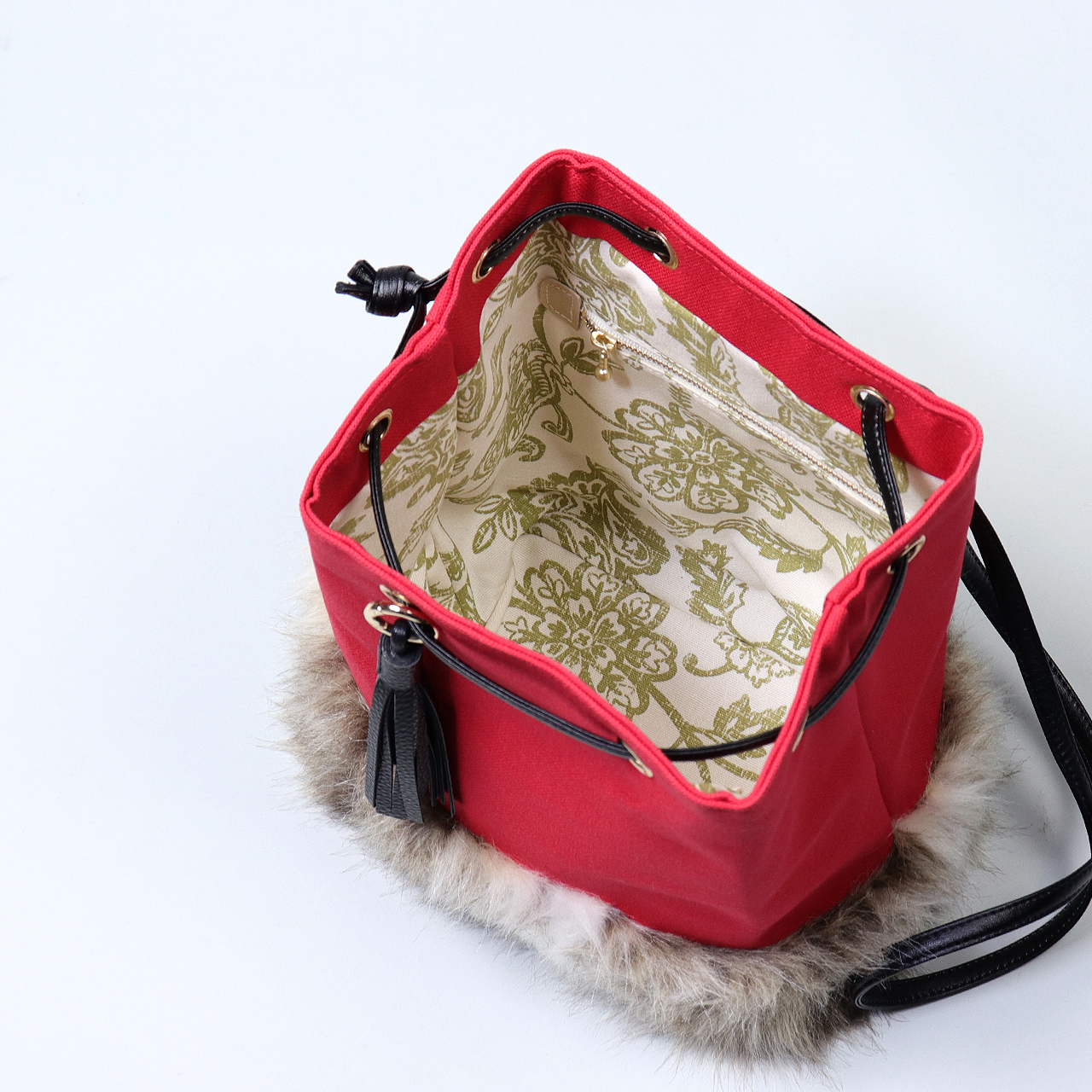 2wayランプリース　Lamplease　エコファー×北欧生地　レッド　オリジナル　ハンドメイド2wayエコファーショルダーバッグ　ハネアント神戸