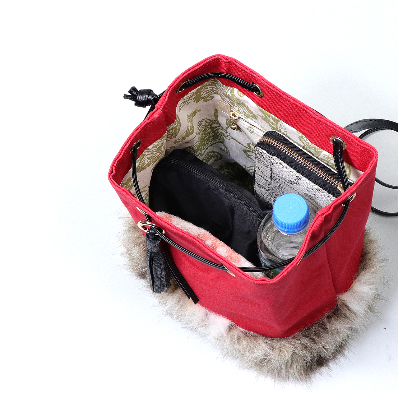 2wayランプリース　Lamplease　エコファー×北欧生地　レッド　オリジナル　ハンドメイド2wayエコファーショルダーバッグ　ハネアント神戸