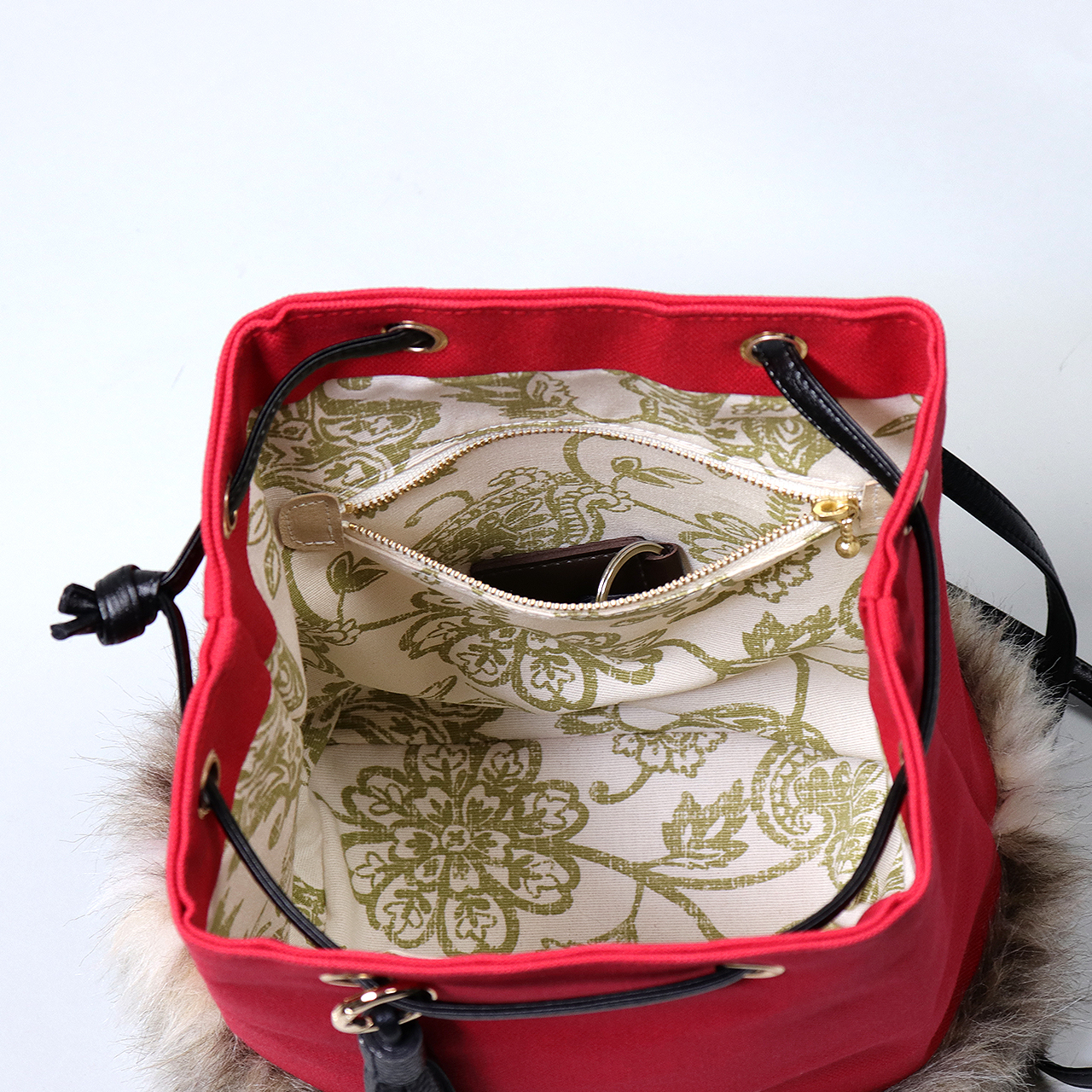 2wayランプリース　Lamplease　エコファー×北欧生地　レッド　オリジナル　ハンドメイド2wayエコファーショルダーバッグ　ハネアント神戸