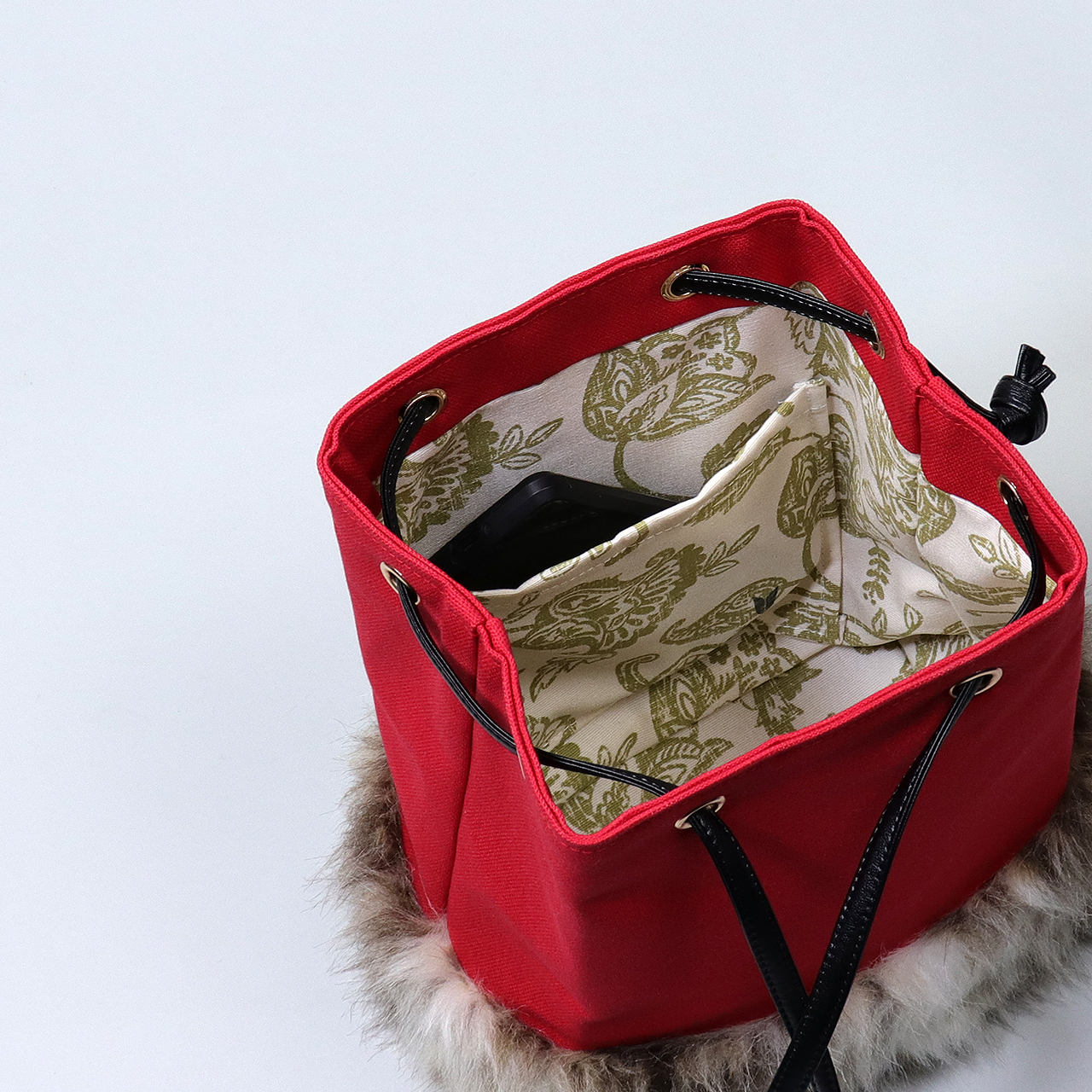 2wayランプリース　Lamplease　エコファー×北欧生地　レッド　オリジナル　ハンドメイド2wayエコファーショルダーバッグ　ハネアント神戸