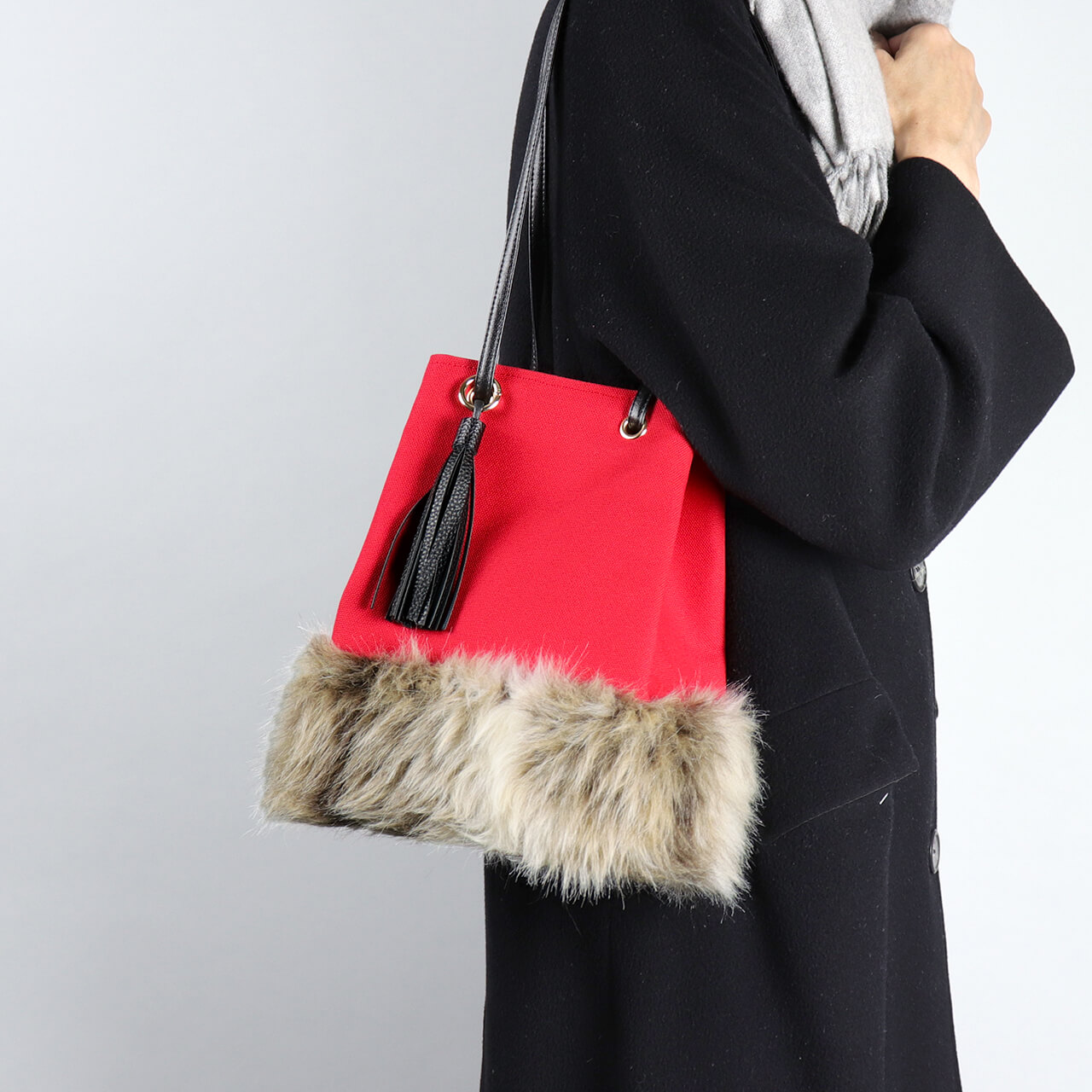 2wayランプリース　Lamplease　エコファー×北欧生地　レッド　オリジナル　ハンドメイド2wayエコファーショルダーバッグ　ハネアント神戸