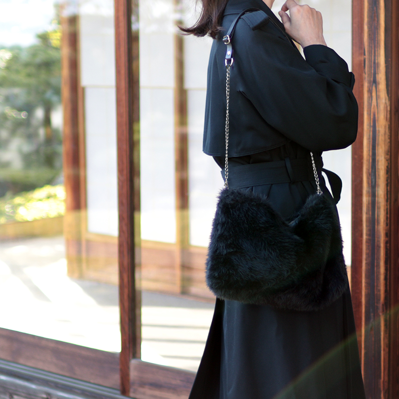 ドゥドゥ　DoDo　エコファー×北欧生地　ブラック　オリジナル　ハンドメイド3wayエコファーショルダーバッグ　ハネアント神戸