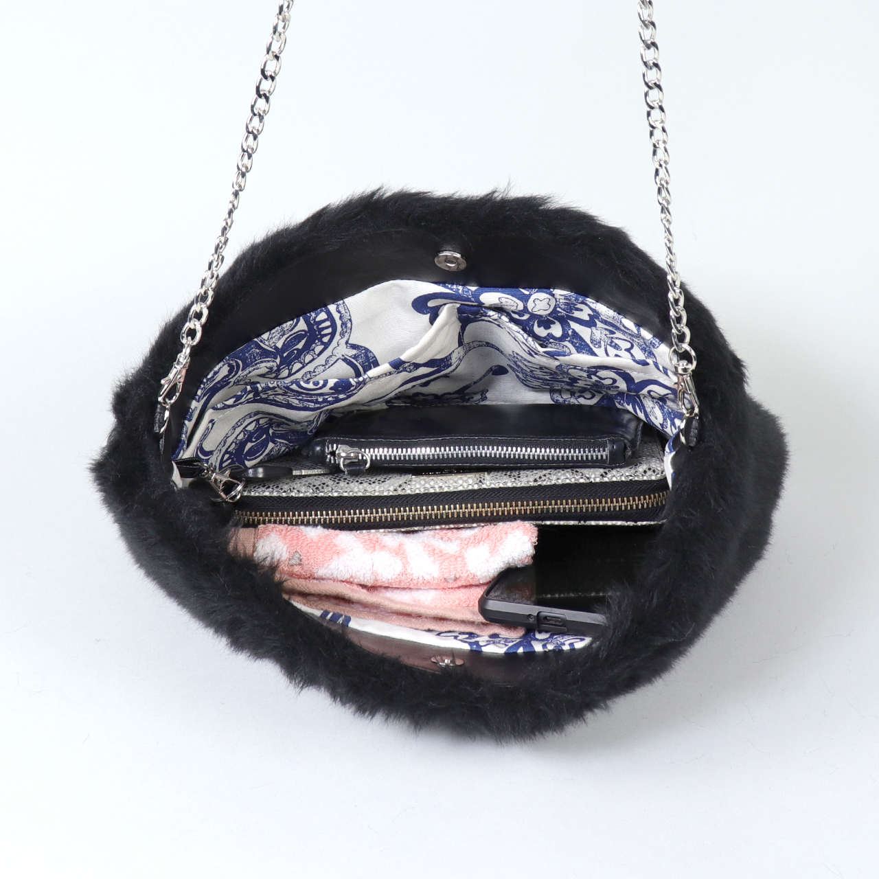 ドゥドゥ　DoDo　エコファー×北欧生地　ブラック　オリジナル　ハンドメイド3wayエコファーショルダーバッグ　ハネアント神戸