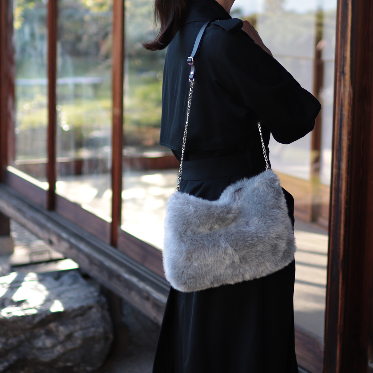 ドゥドゥ　DoDo　エコファー×北欧生地　シルバーグレー　オリジナル　ハンドメイド3wayエコファーショルダーバッグ　ハネアント神戸