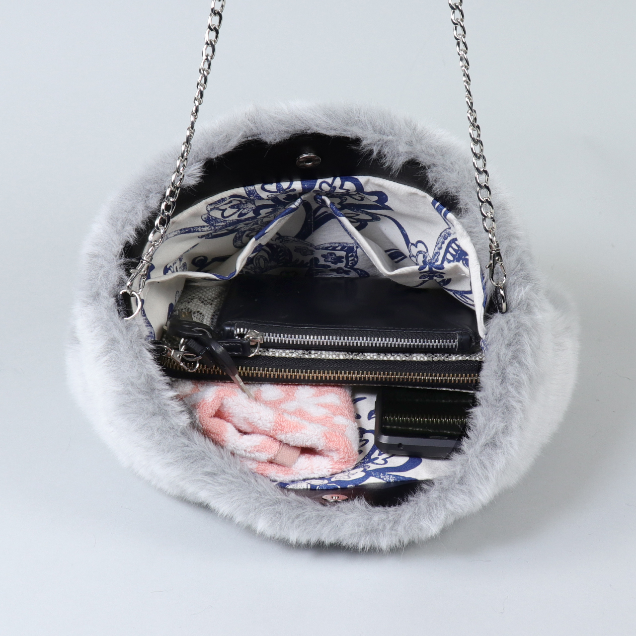 ドゥドゥ　DoDo　エコファー×北欧生地　シルバーグレー　オリジナル　ハンドメイド3wayエコファーショルダーバッグ　ハネアント神戸