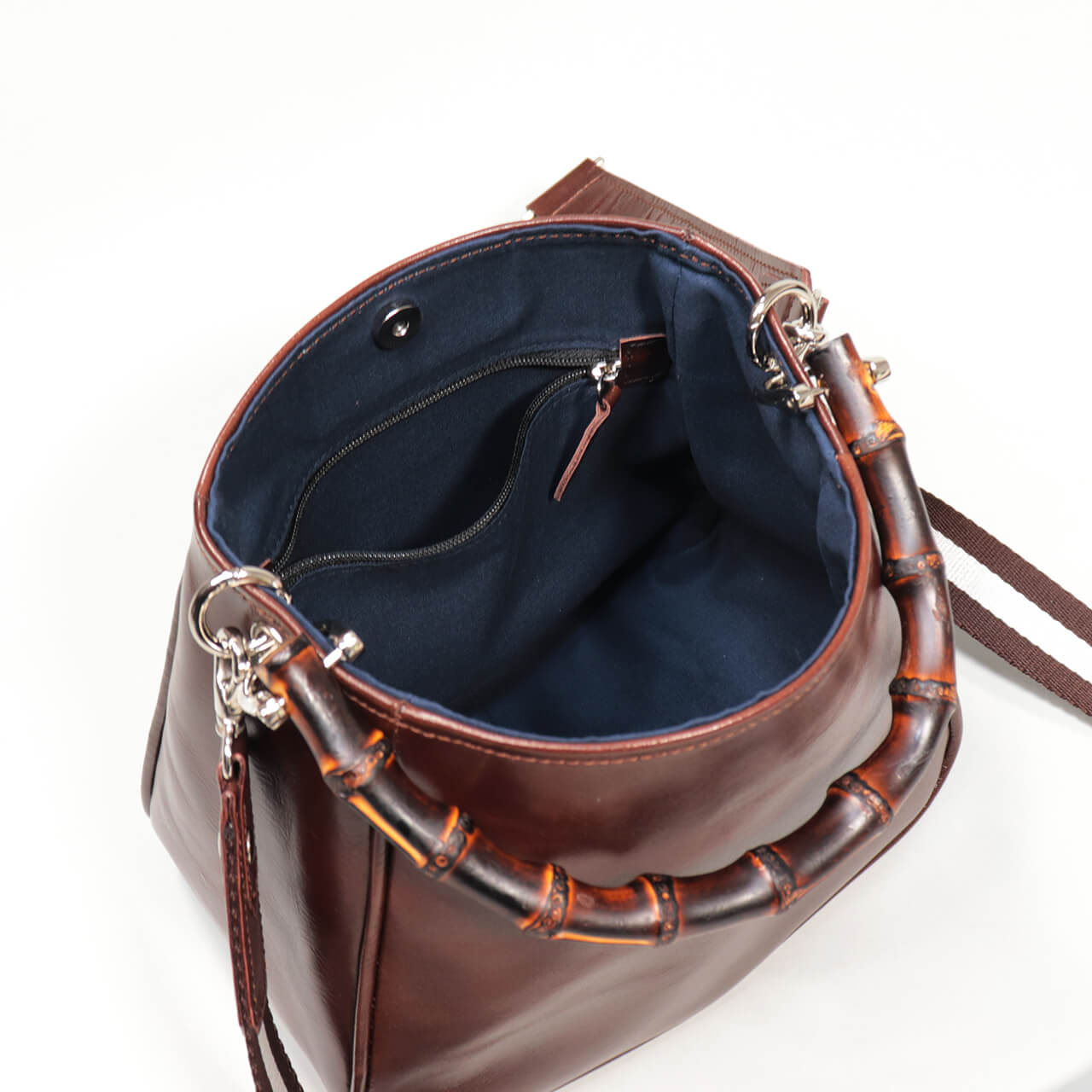 HANEANT KOBE HOLLY 本革ミニトート ブラック 上から見た内側／内布とファスナーポケットが分かる